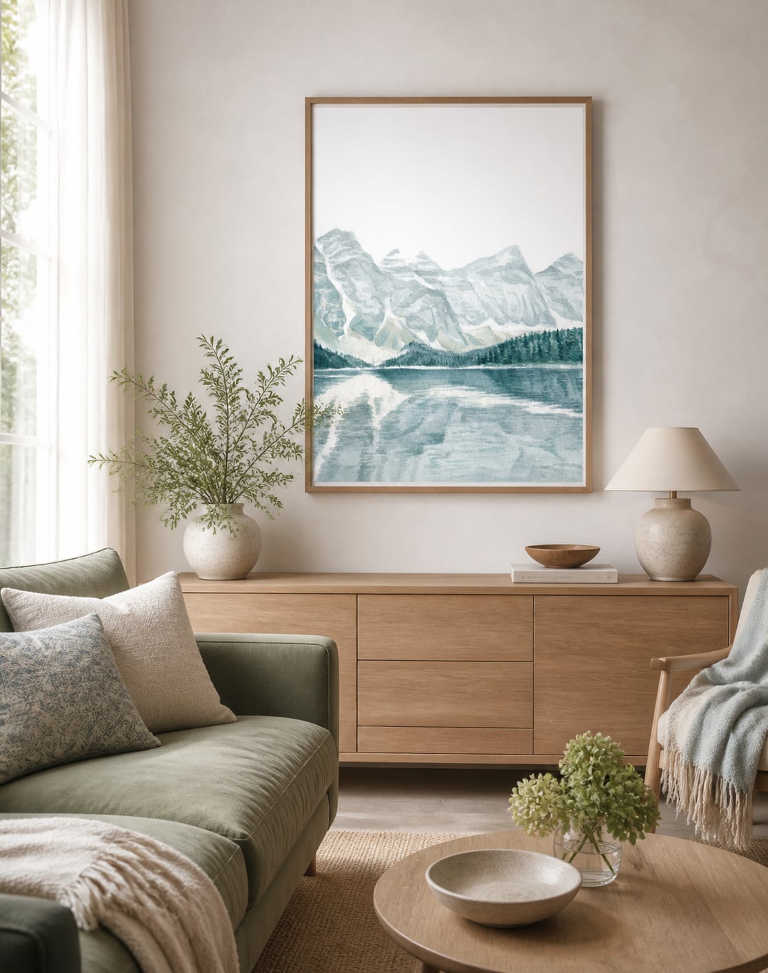 Pale mountain-lake watercolor-style print in a soft sage living room