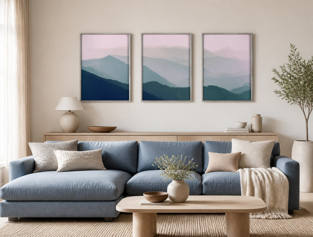 Layered Blue Mountains Trio displayed in a palette-matched living room