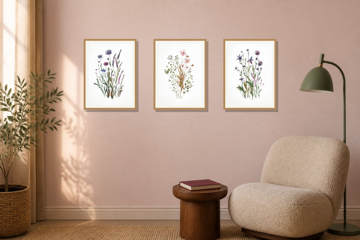 Loose Watercolor Wildflowers Trio trio displayed in a reading nook matched to its plum, dusty pink, muted green palette