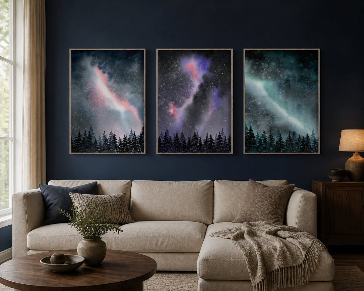 Luminous Night Sky Trio displayed in a palette-matched living room