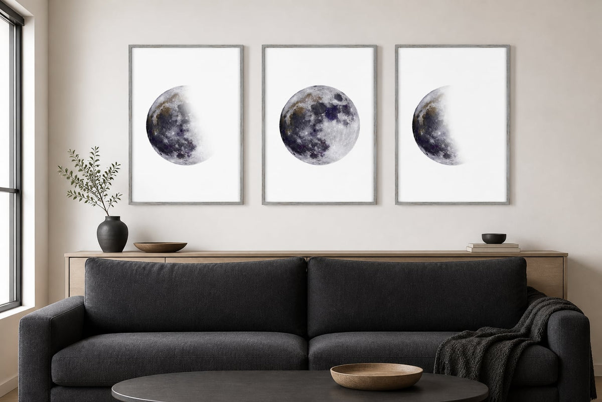 Moonlight Phases Trio displayed in a palette-matched living room