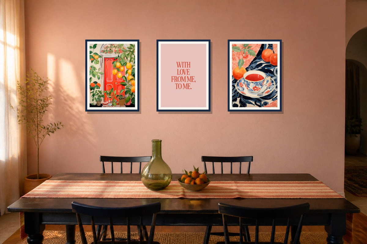 Orange Grove Color Story Trio trio displayed in a dining room matched to its coral orange, leaf green, navy palette