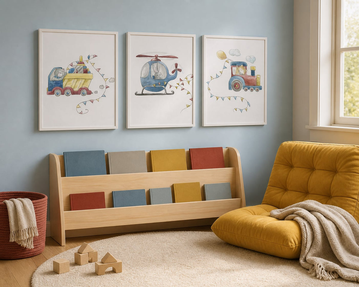 Playful Transport Kids Trio in a muted blue playroom reading corner with mustard and dusty red accents