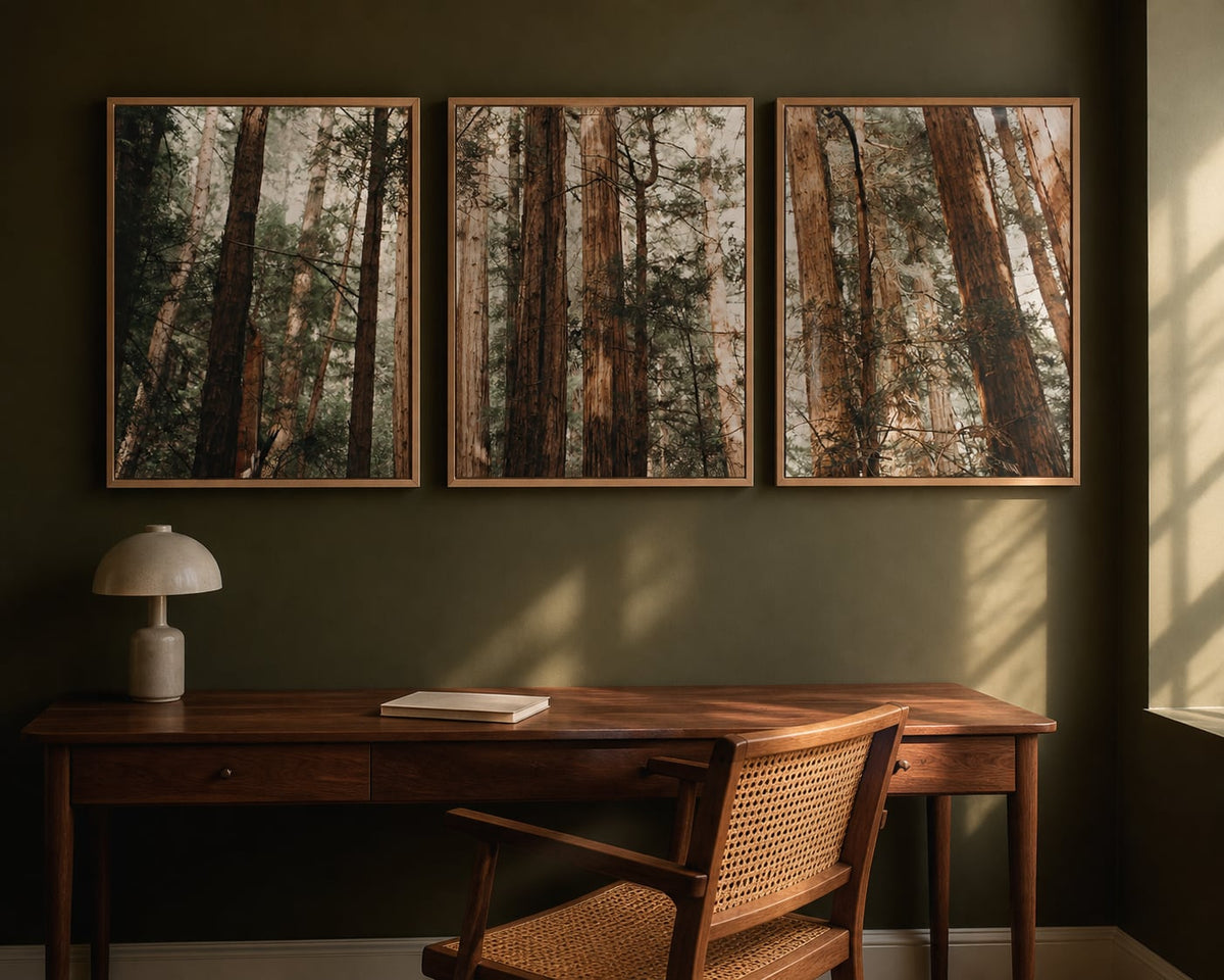 Redwood Canopy Trio above a walnut desk in a deep olive home office