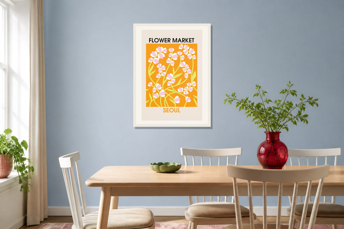 Seoul Flower Market Print print displayed in a dining room matched to its bright pink, red, leaf green palette
