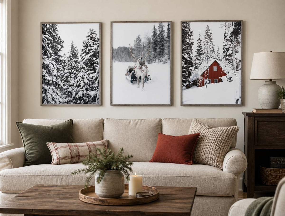 Snowbound Cabin & Reindeer Trio displayed in a palette-matched living room