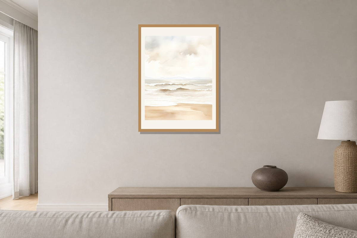 Soft Neutral Surf Print print displayed in a living room matched to its warm white, sand, taupe palette