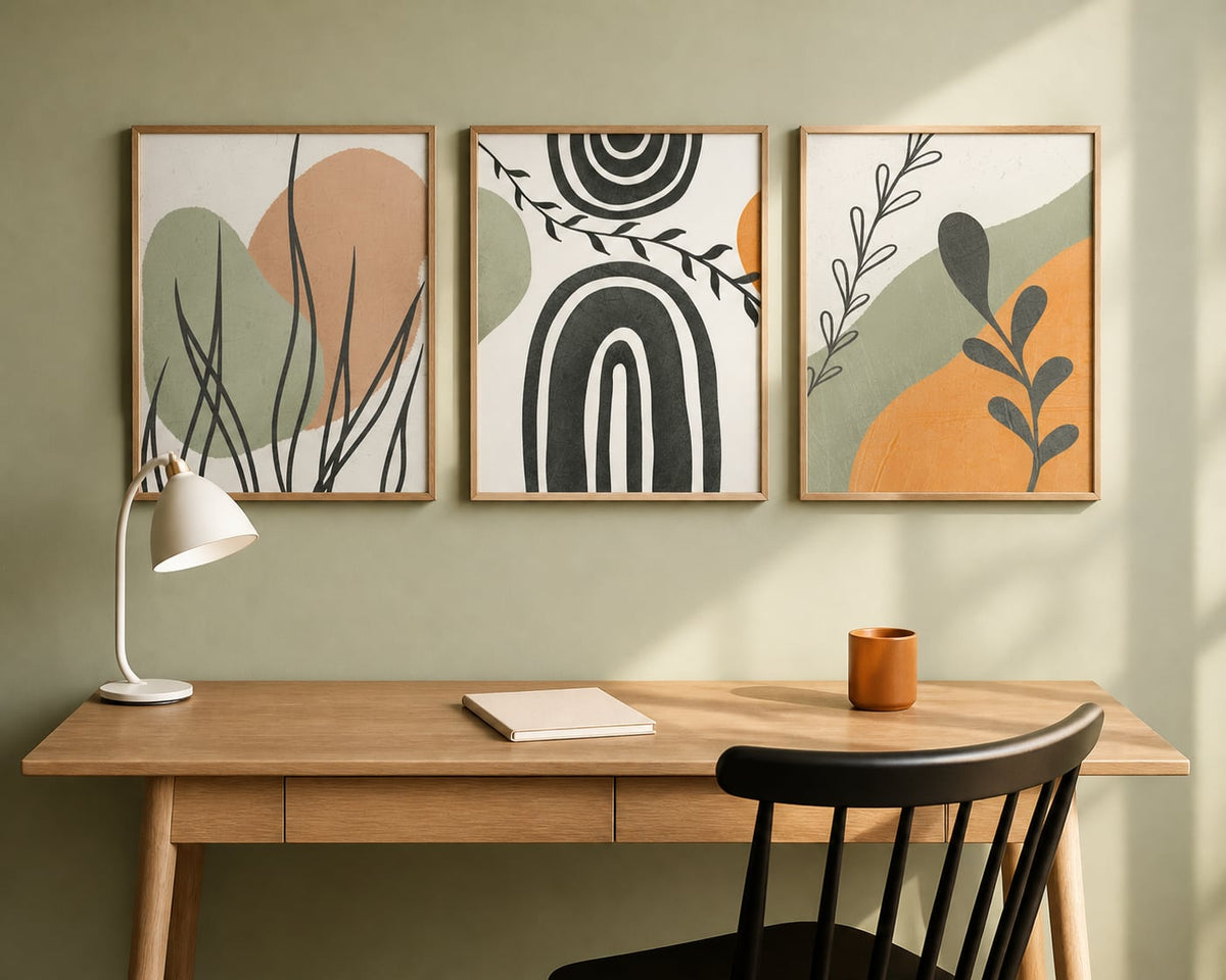Soft Sage Graphic Botanicals Trio above a natural oak desk in a pale sage home office