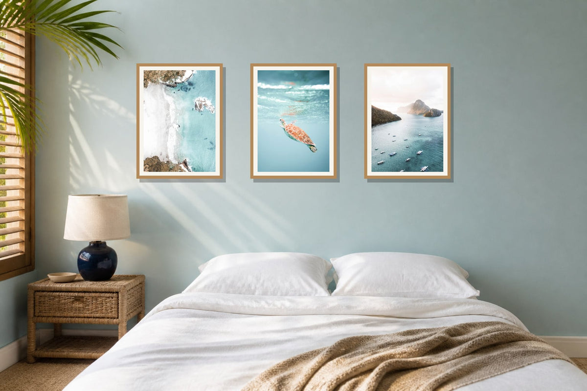 Turquoise Island Waters Trio trio displayed in a bedroom matched to its turquoise, aqua, white palette