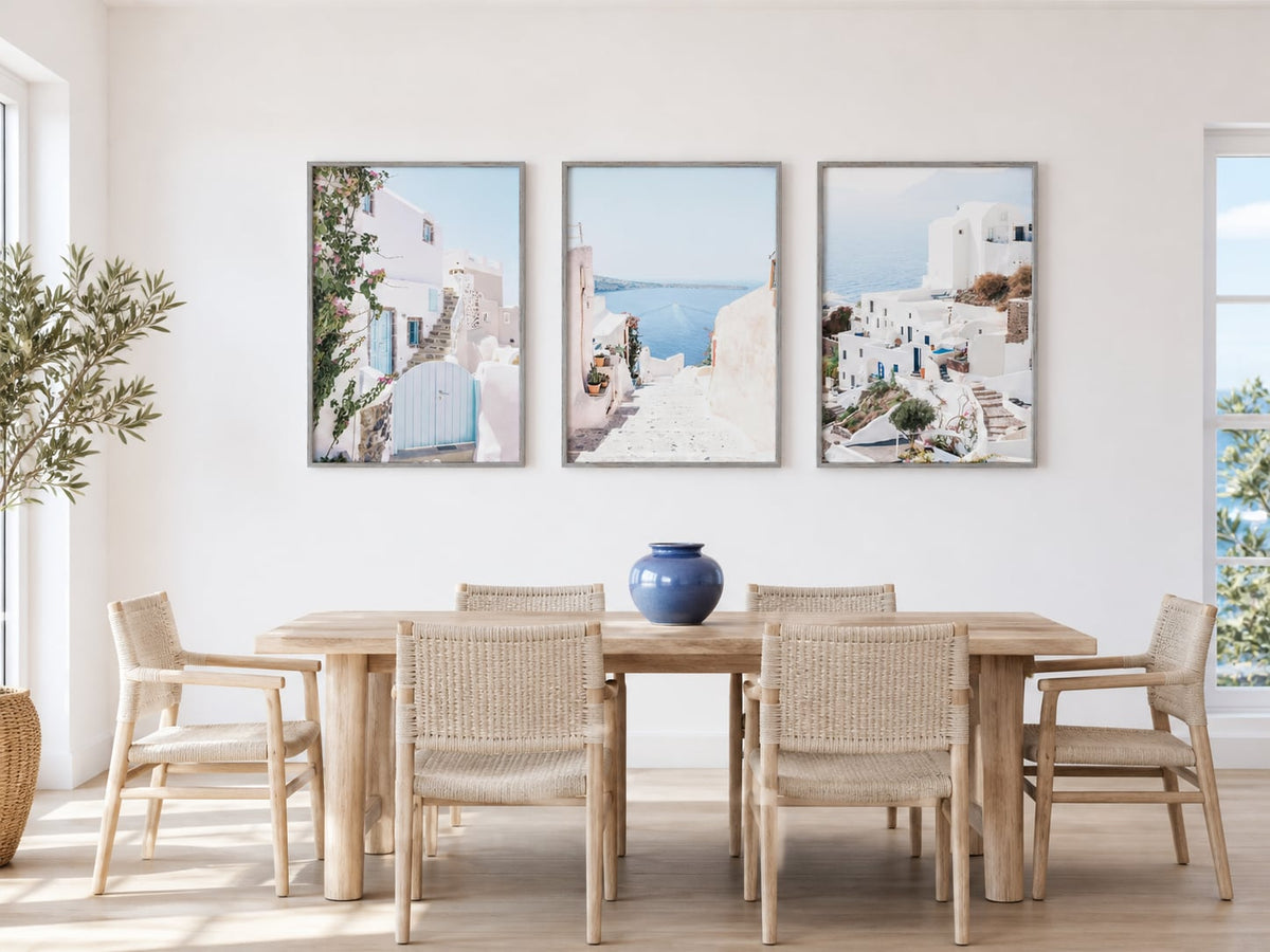 White Coast & Blue Door Trio displayed in a palette-matched dining room