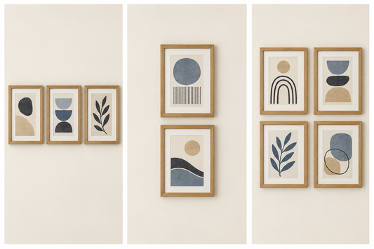 Three gallery wall arrangements: a horizontal row of three frames, a vertical pair, and a two-by-two grid.