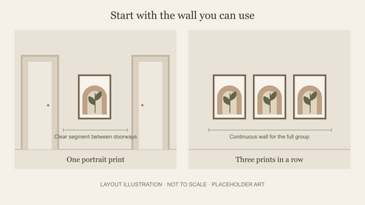 Illustrated hallway layouts: one portrait frame between doorways and three portrait frames on an uninterrupted wall; not to scale.