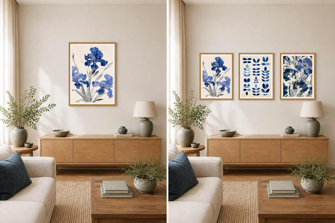 Side-by-side views of the same beige room: one large blue iris print on the left and three botanical prints on the right.