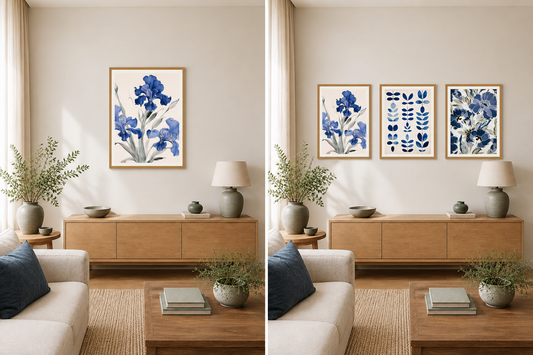 Side-by-side views of the same beige room: one large blue iris print on the left and three botanical prints on the right.