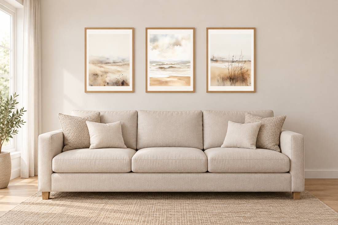 Three pale coastal prints in oak frames centered directly above a beige three-seat sofa, shown front on.