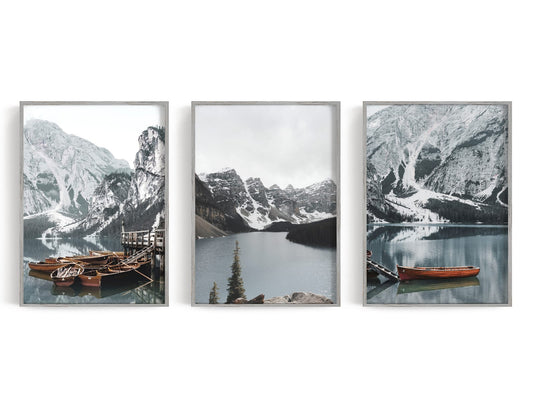 Three mountain lake and boat prints displayed as a coordinated wall set