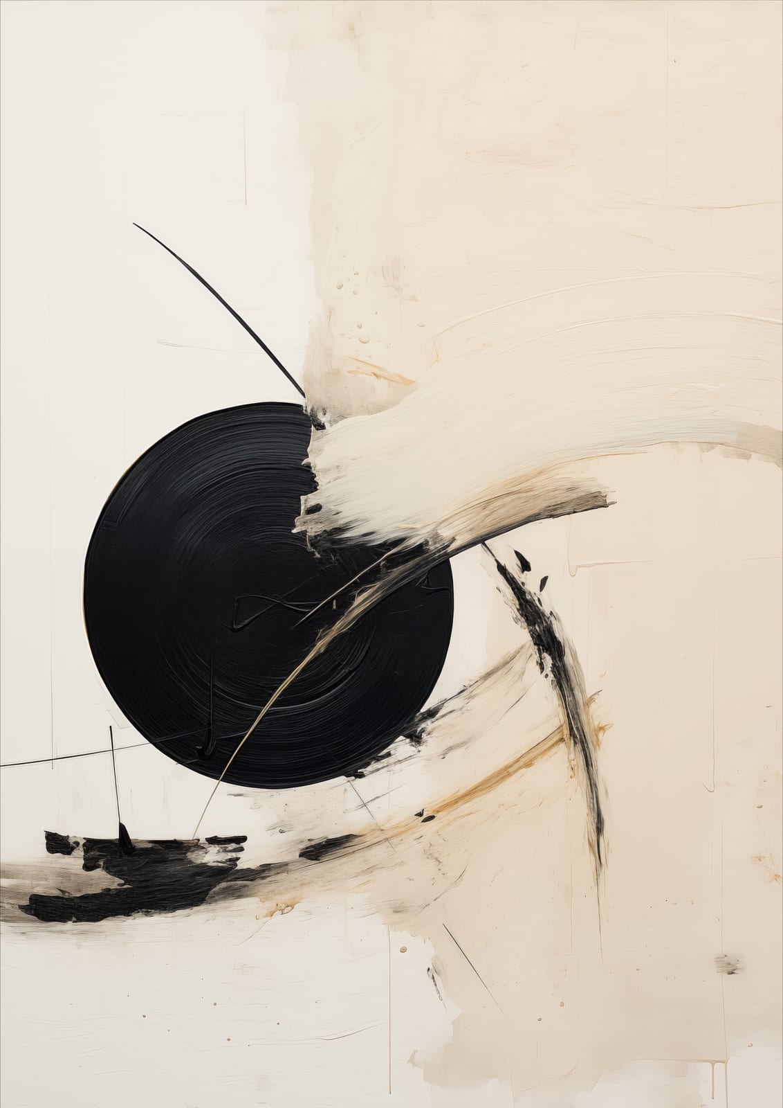 A bold black circular gesture turns around pale beige and ochre shapes