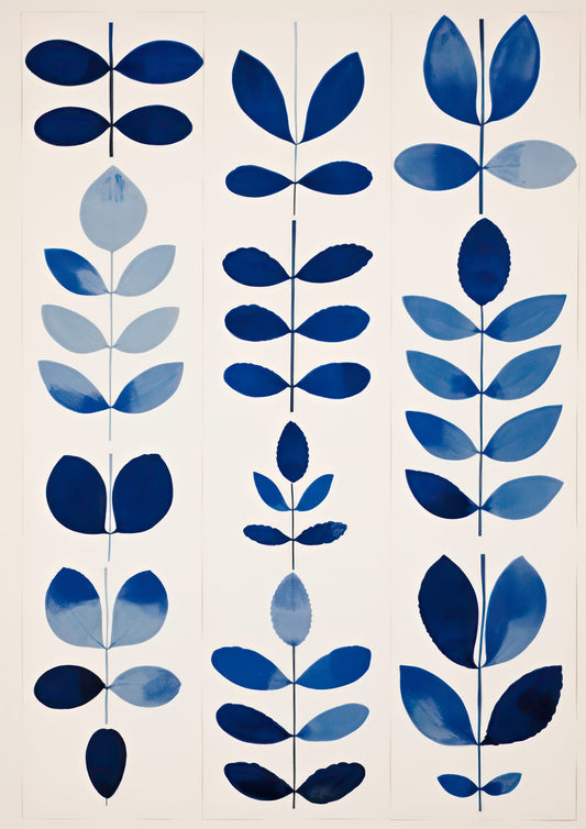 A single indigo leaf is painted vertically on a warm white ground