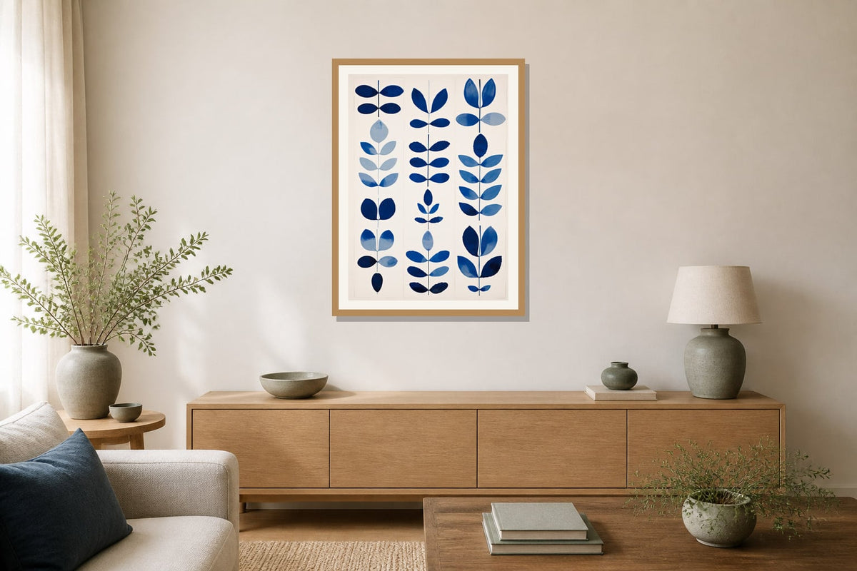 Blue Leaf Study Print print displayed in a living room matched to its indigo blue, warm white, muted green palette