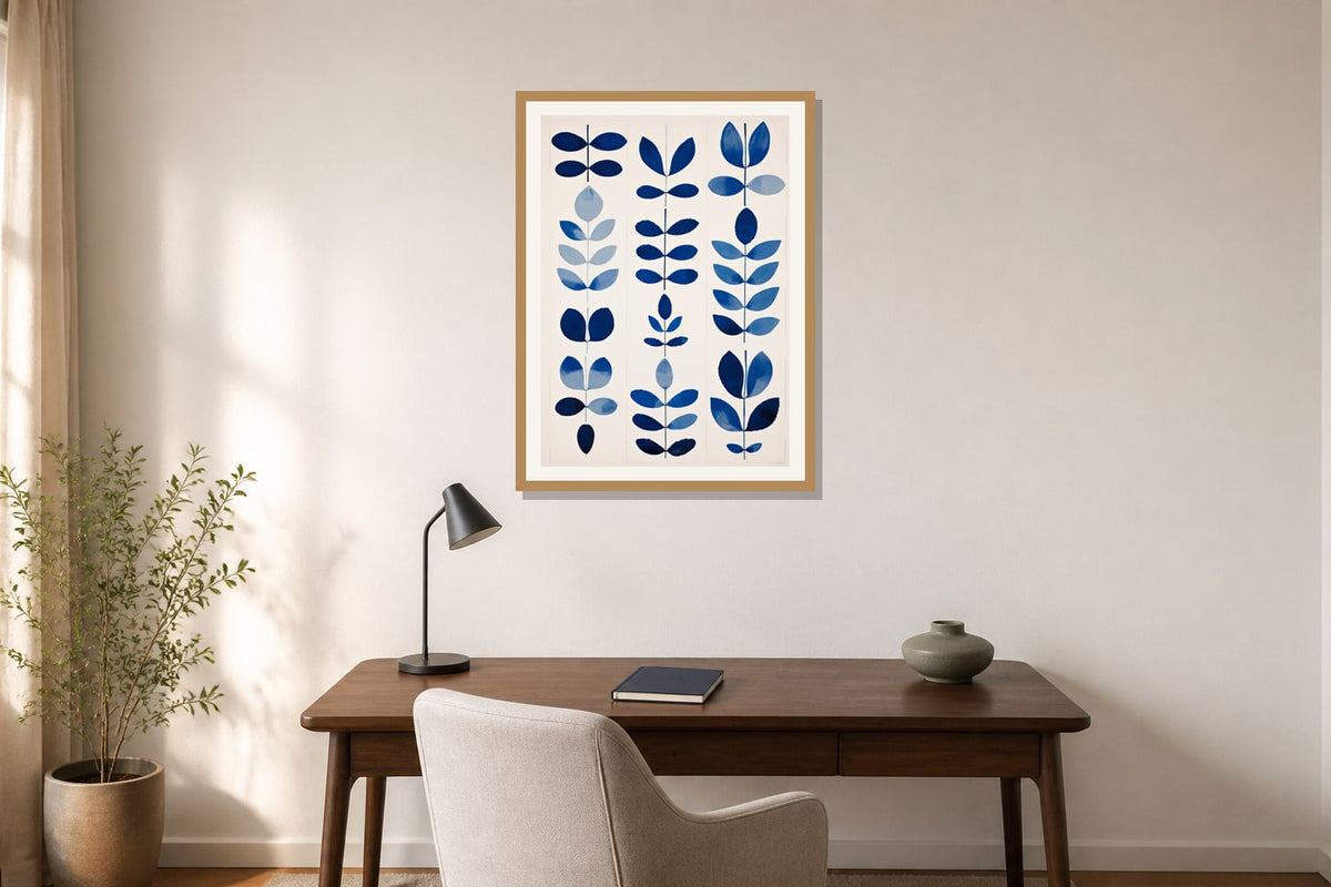 Blue Leaf Study Print print displayed in a home office matched to its indigo blue, warm white, muted green palette