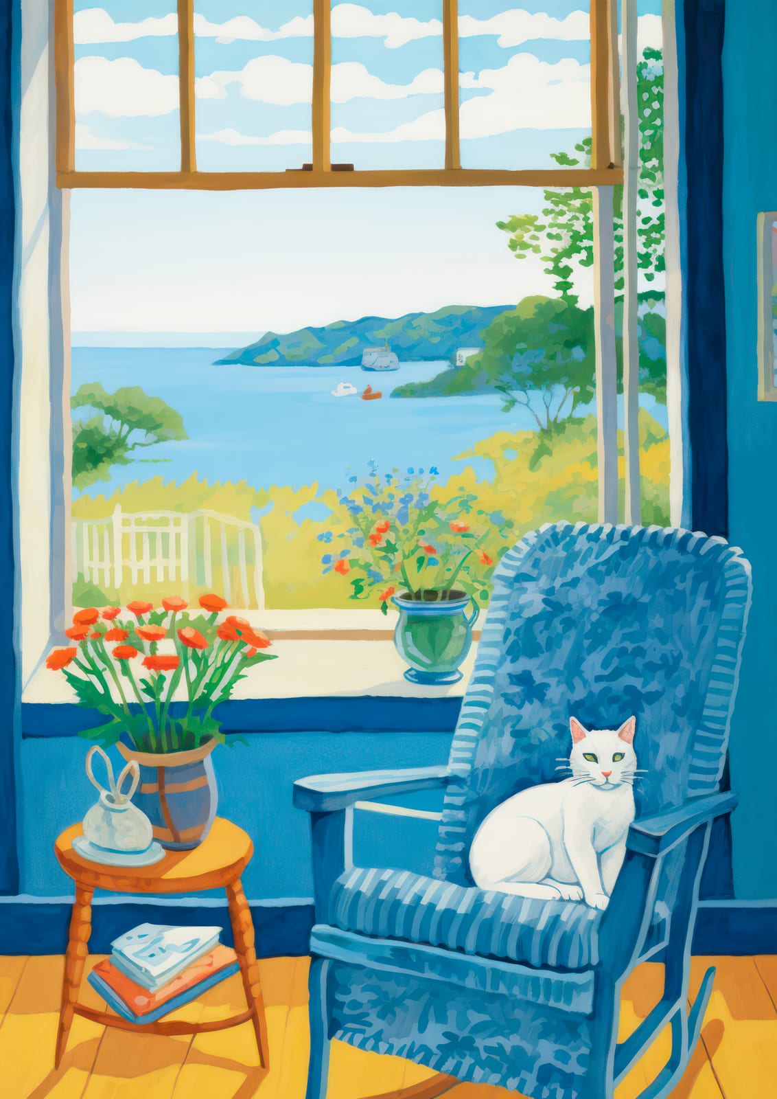 A dark cat rests at a saturated blue window surrounded by warm coral and green details