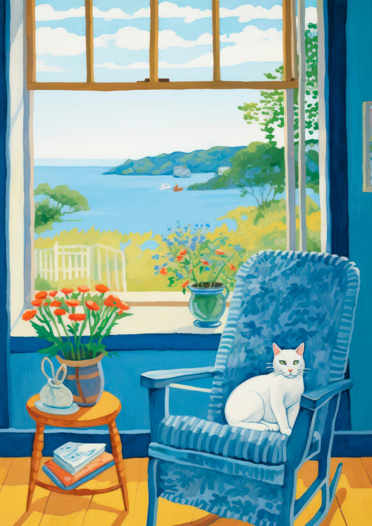 A dark cat rests at a saturated blue window surrounded by warm coral and green details