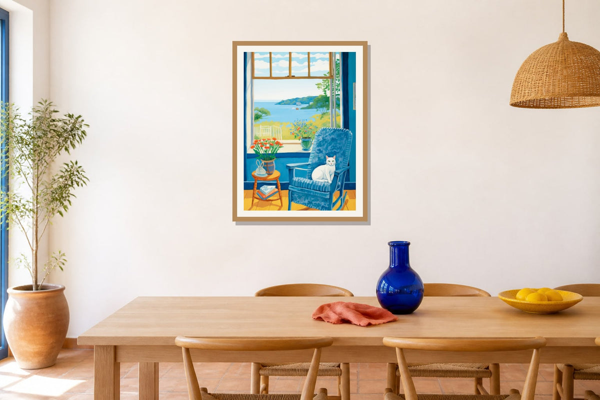 Blue Window Cat Print print displayed in a dining room matched to its cobalt blue, sunny yellow, coral palette