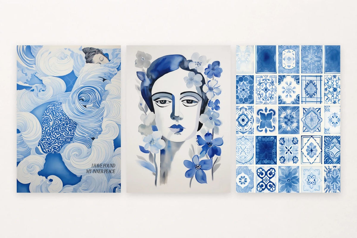 An expressive wave scene sits beside a floral portrait and a crisp tile pattern.