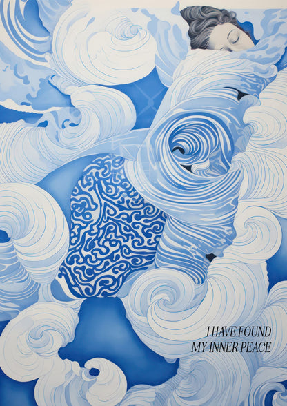 A woman among waves appears with the phrase “I HAVE FOUND MY INNER PEACE.”