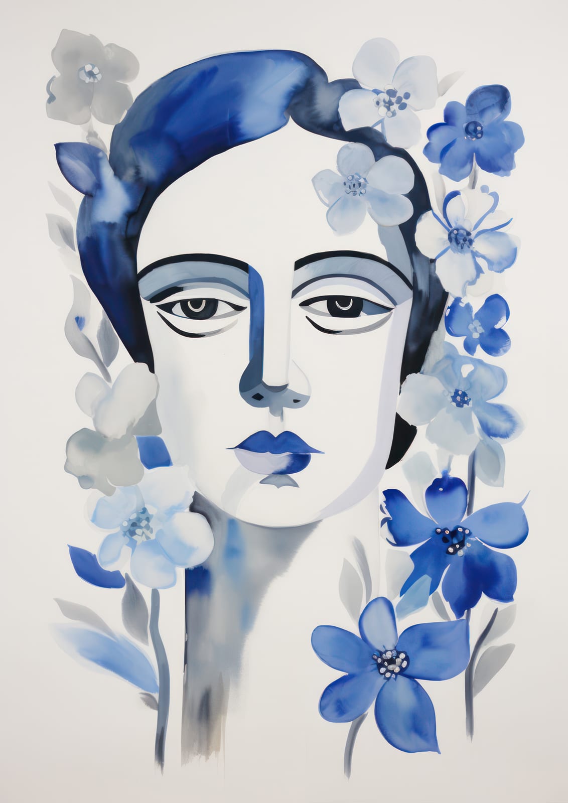 A woman’s portrait is surrounded by blue flowers.