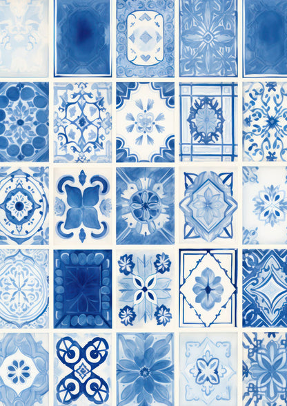A blue-and-white tile pattern fills the third print.