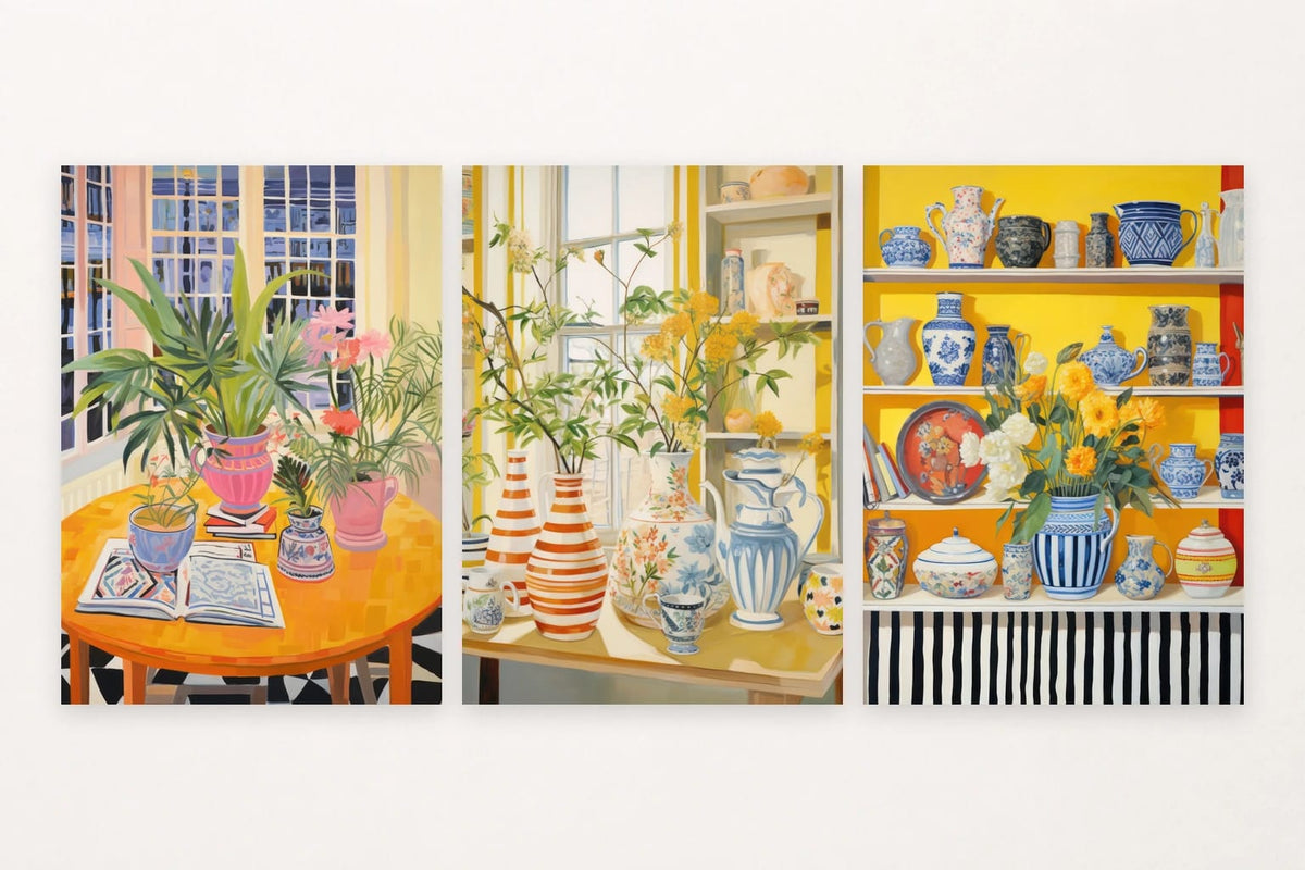 Indoor greenery and gathered vessels give these still lifes a relaxed botanical feel.