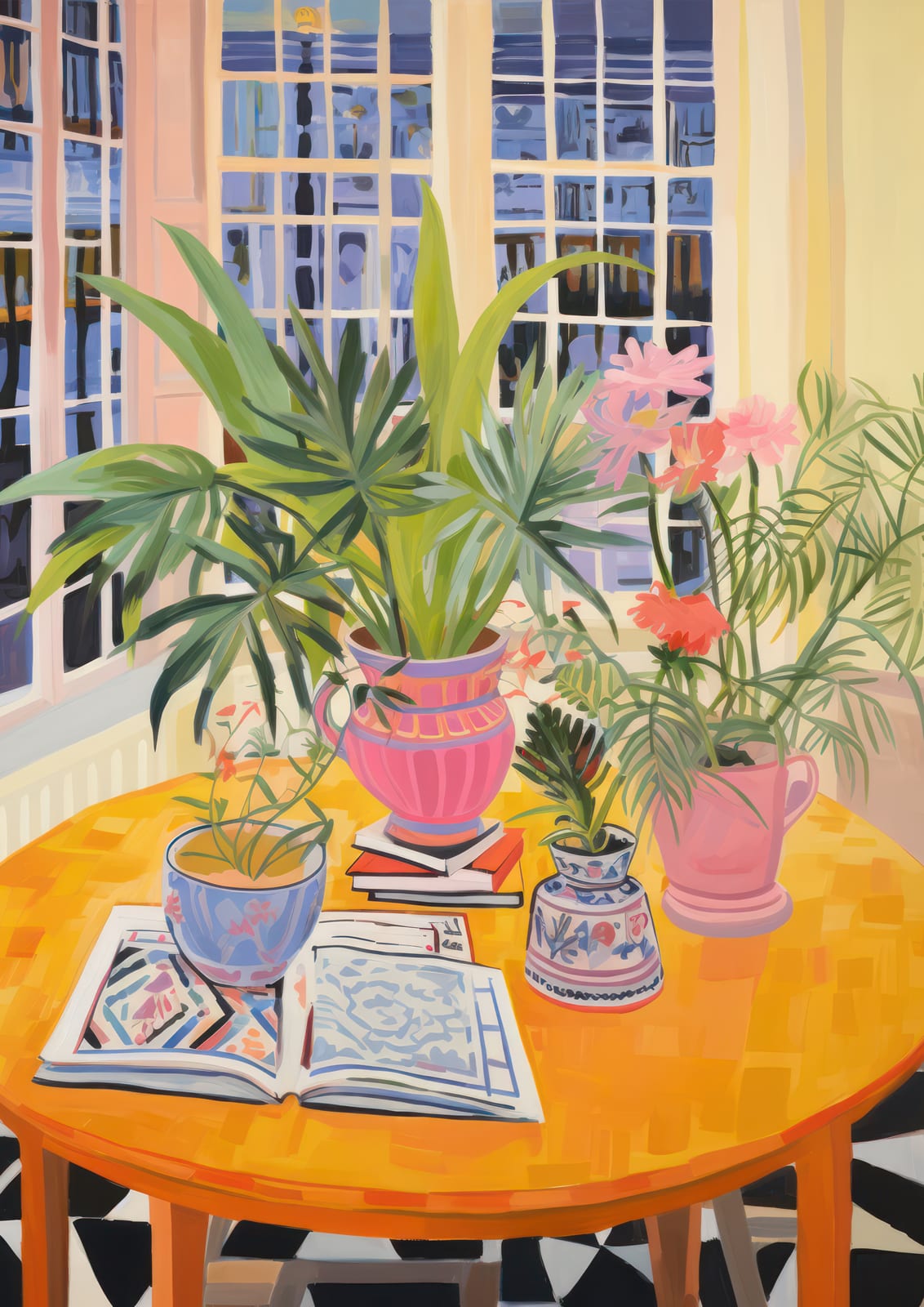 Potted plants and books sit beside a window.