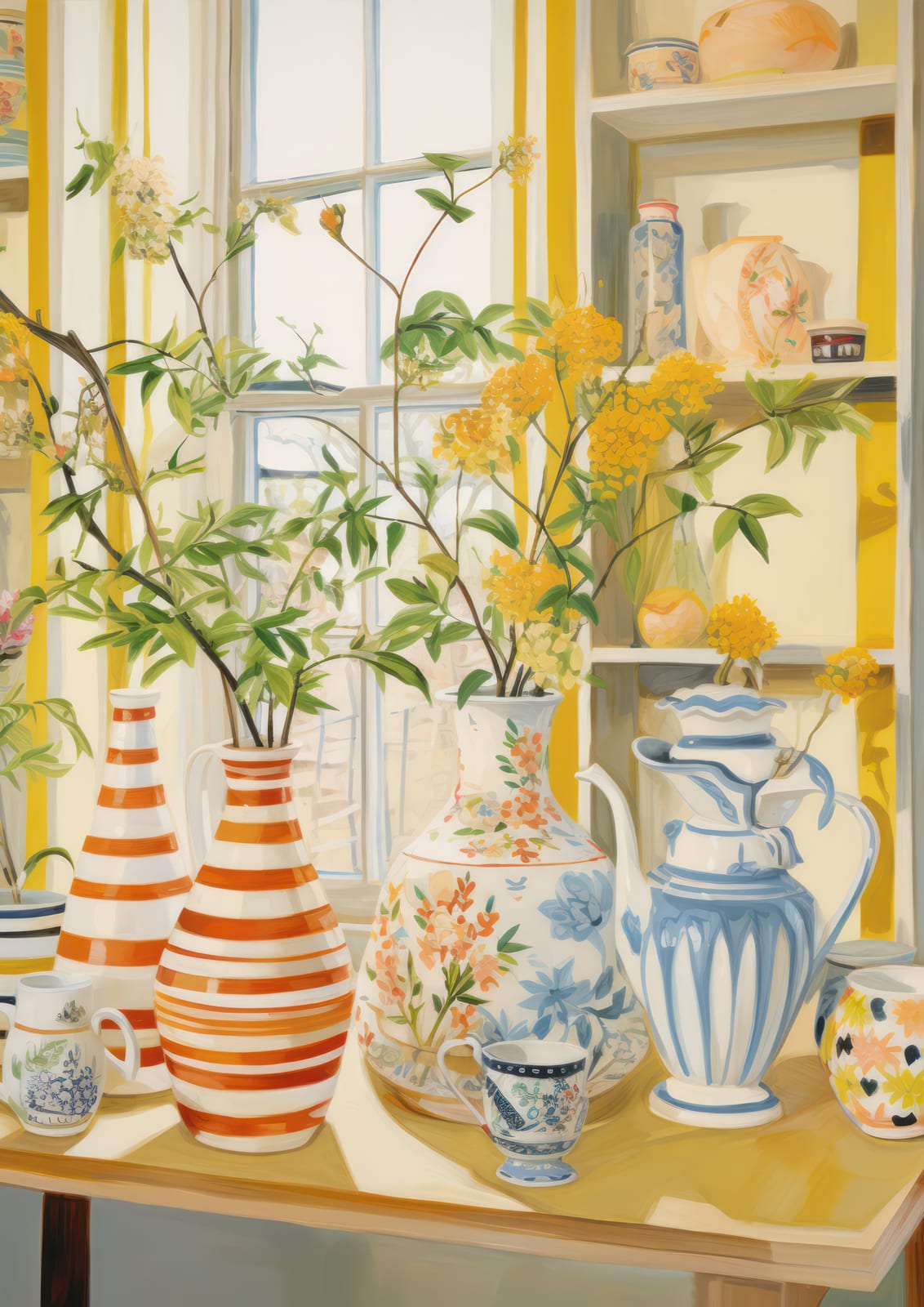Patterned vases and a pitcher hold yellow flowers.