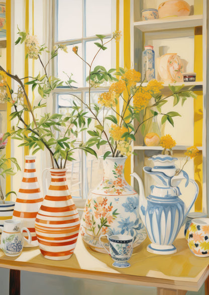 Patterned vases and a pitcher hold yellow flowers.