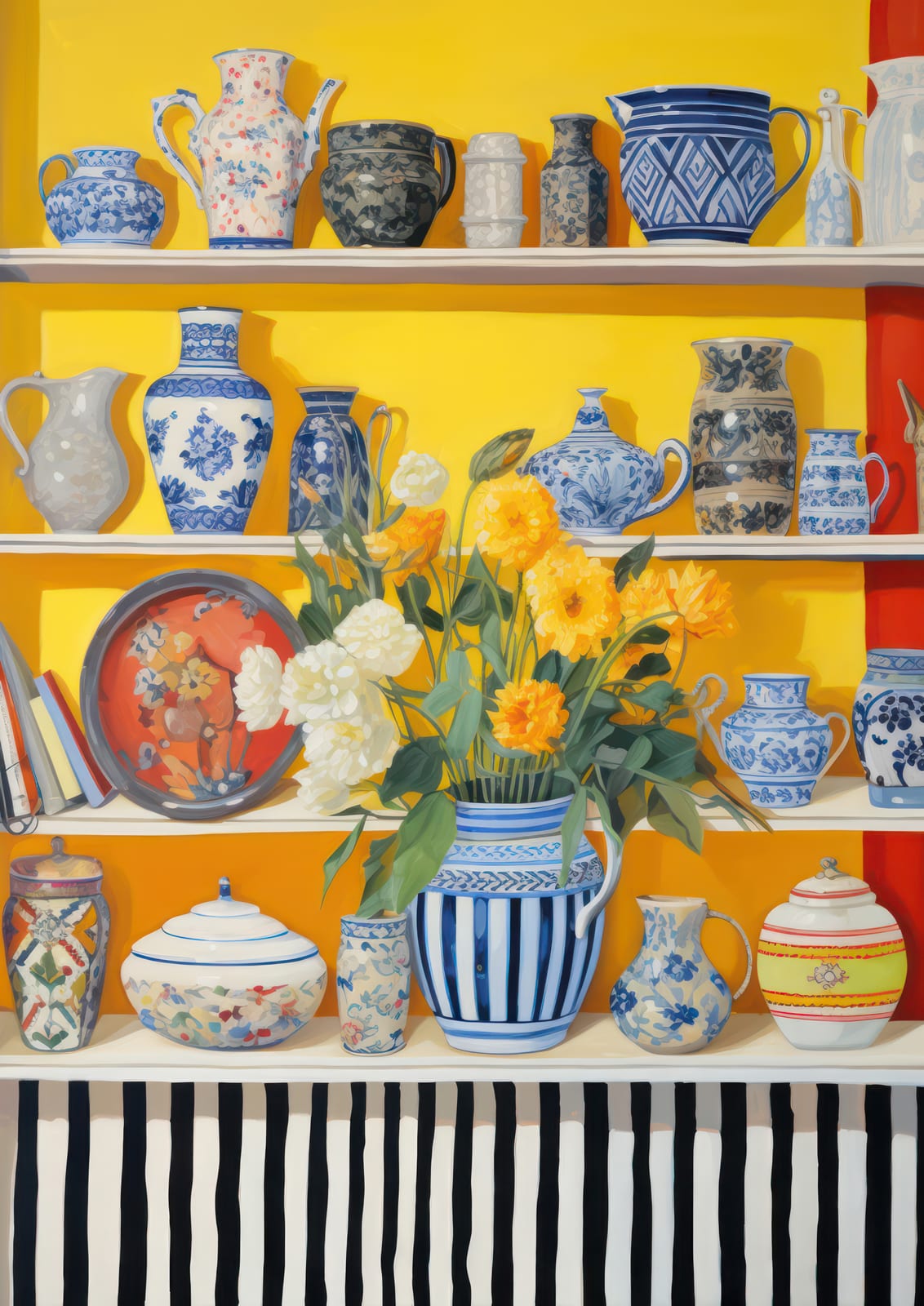 Vessels line shelves beside flowers in a striped vase.