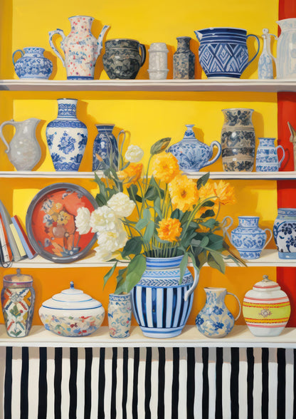 Vessels line shelves beside flowers in a striped vase.
