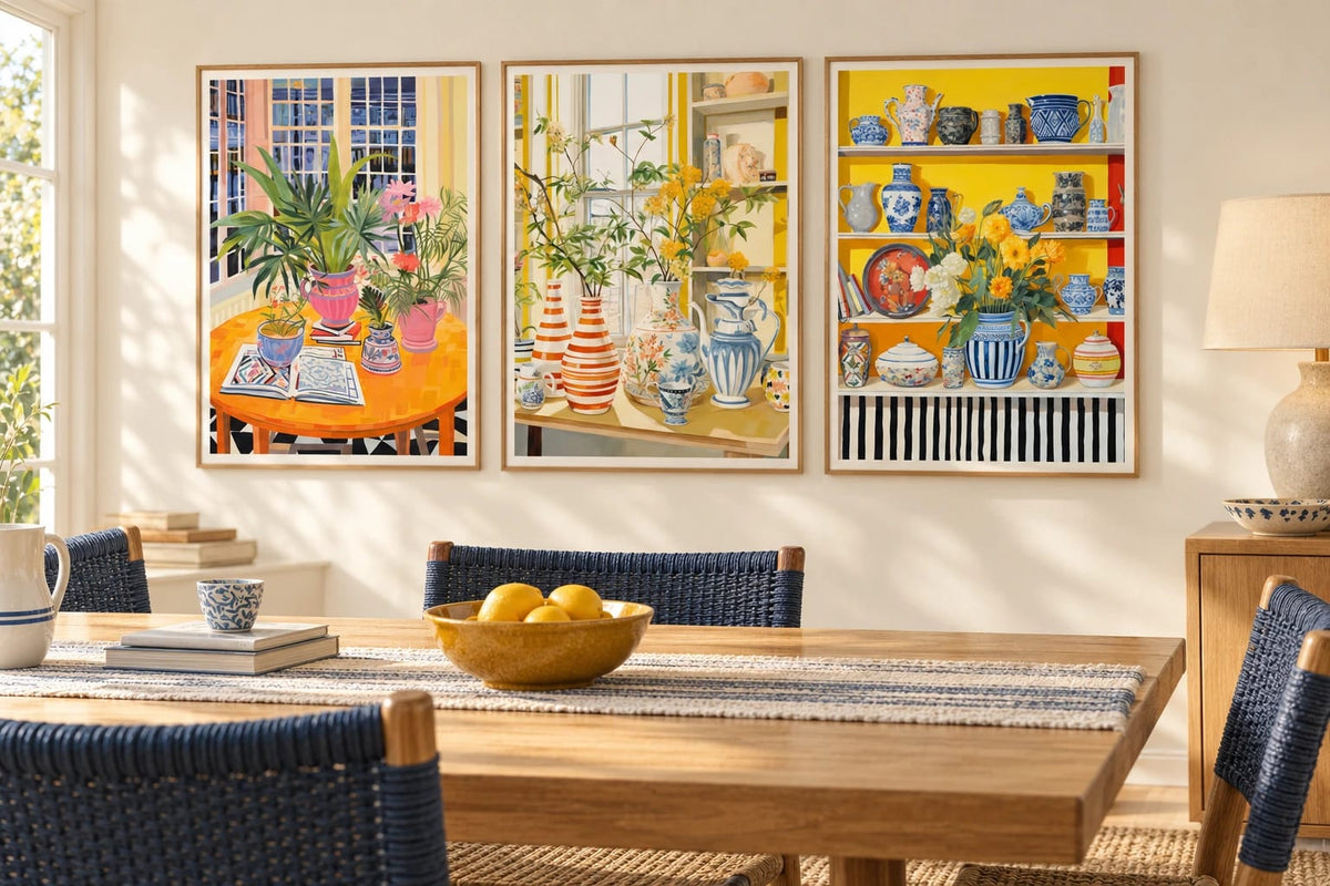 Plant and blue-white ceramic prints appear in a light dining room with a wooden table.