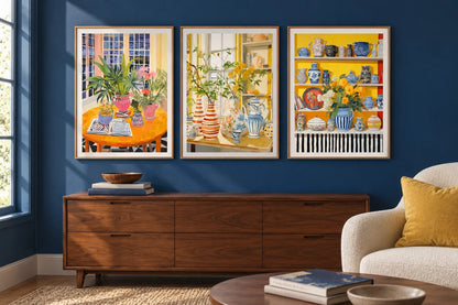 Plants and blue-white ceramics appear above a wood cabinet on a dark blue wall.