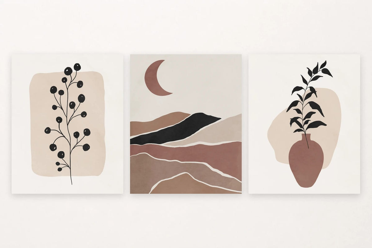 A branch and dark circles, terracotta moon, and vase with leaves in three prints.