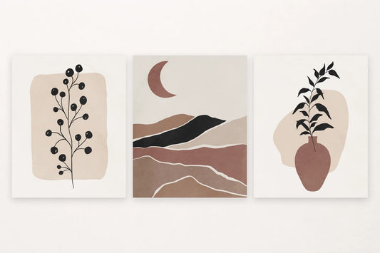 A branch and dark circles, terracotta moon, and vase with leaves in three prints.