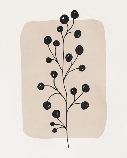 A graphic branch crossing dark circular forms.