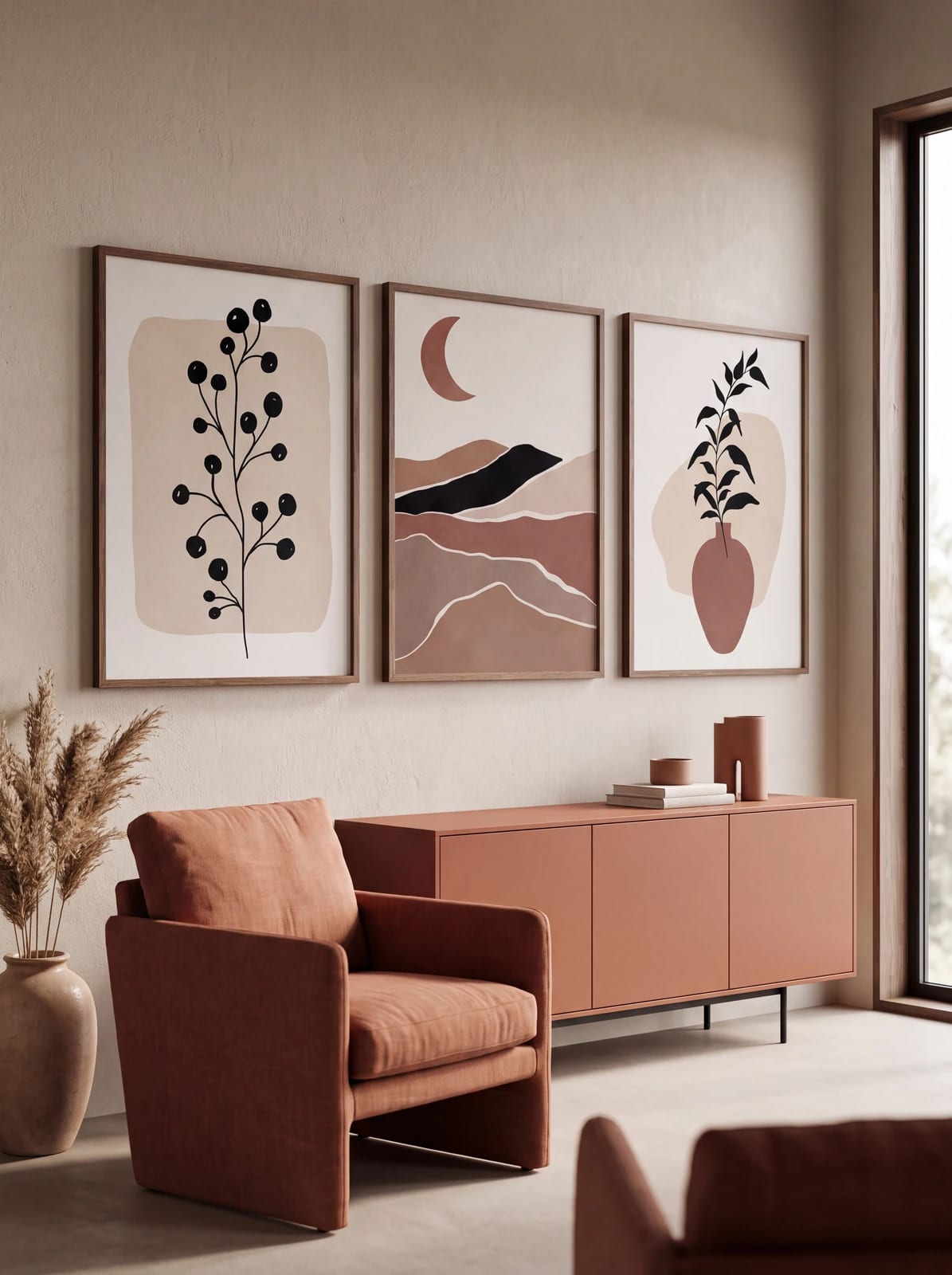 Branch, terracotta moon, and vase with leaves arranged together; frames excluded.