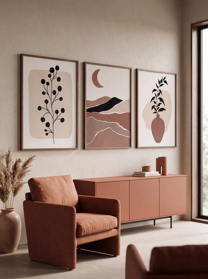 Branch, terracotta moon, and vase with leaves arranged together; frames excluded.