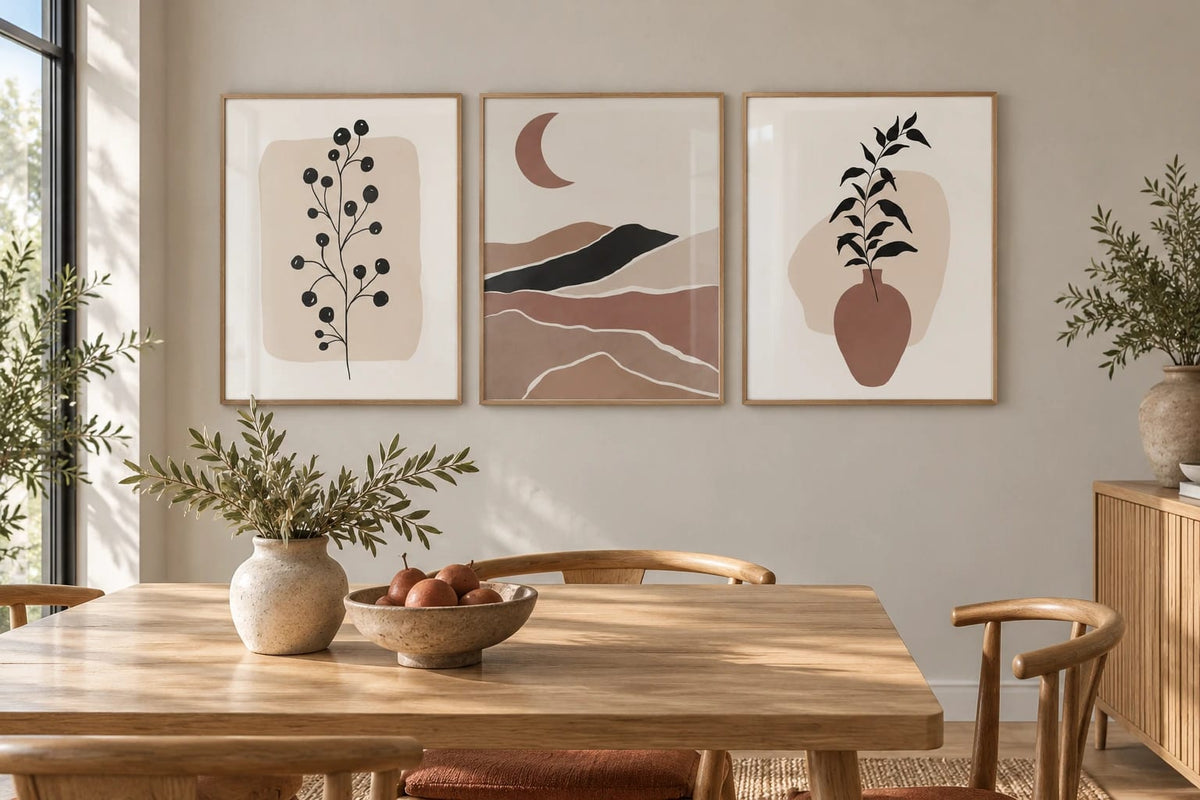 The warm neutral botanical prints shown together on a wall; frames are not included.