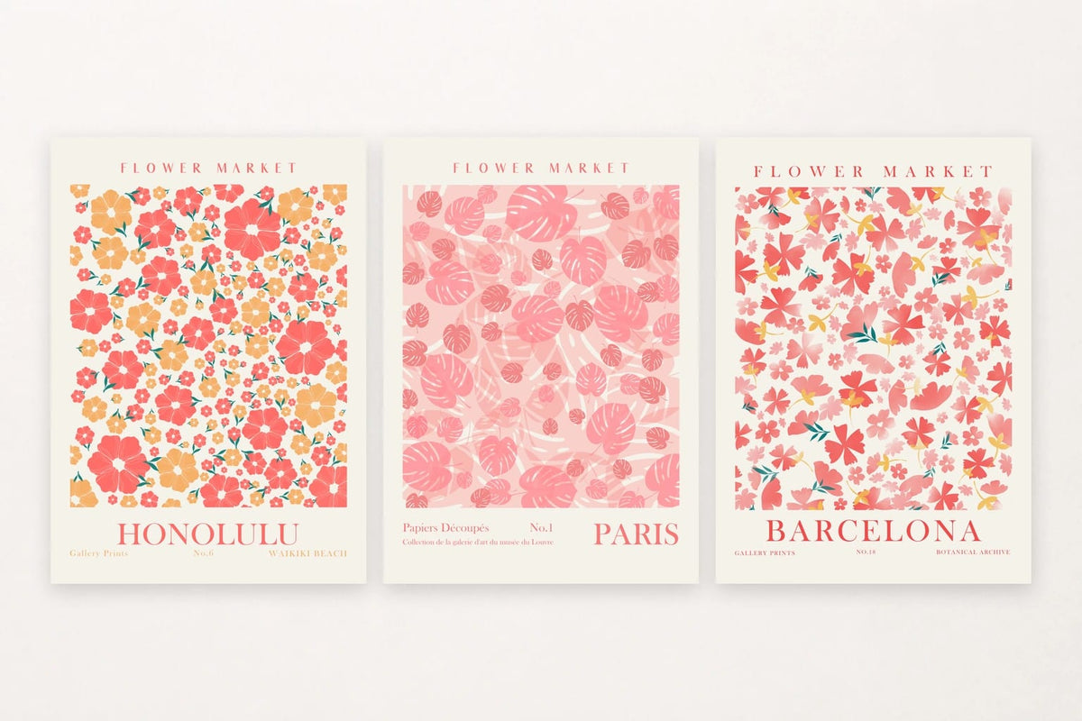 Three floral prints: coral Honolulu blooms, striped Paris leaves, Barcelona flowers.