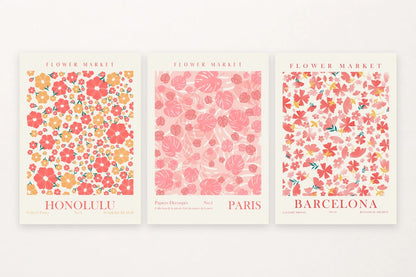 Three floral prints: coral Honolulu blooms, striped Paris leaves, Barcelona flowers.