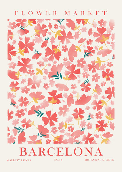 Coral-pink flowers beside BARCELONA lettering.