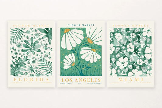 Three botanical prints: tropical leaves, white flowers, and Florida, Los Angeles, Miami lettering.