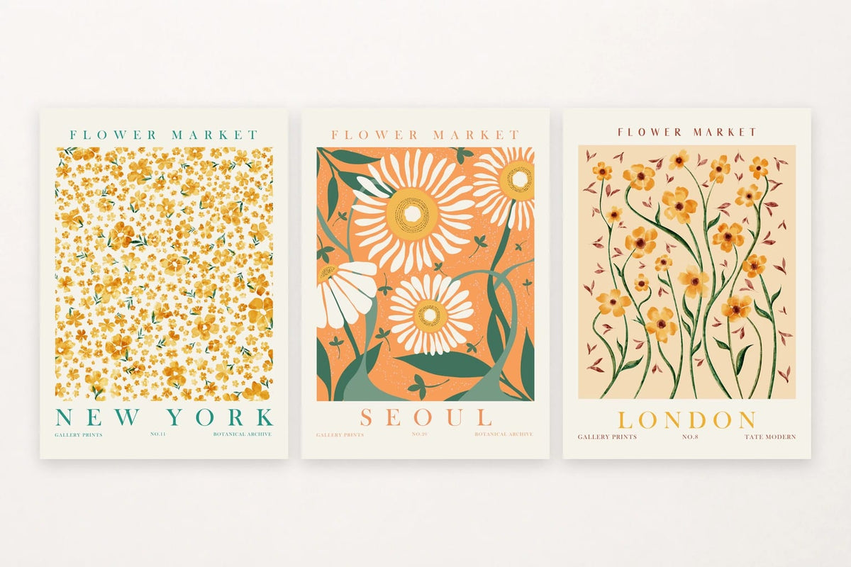 Three yellow-orange flower prints labeled New York, Seoul, and London.